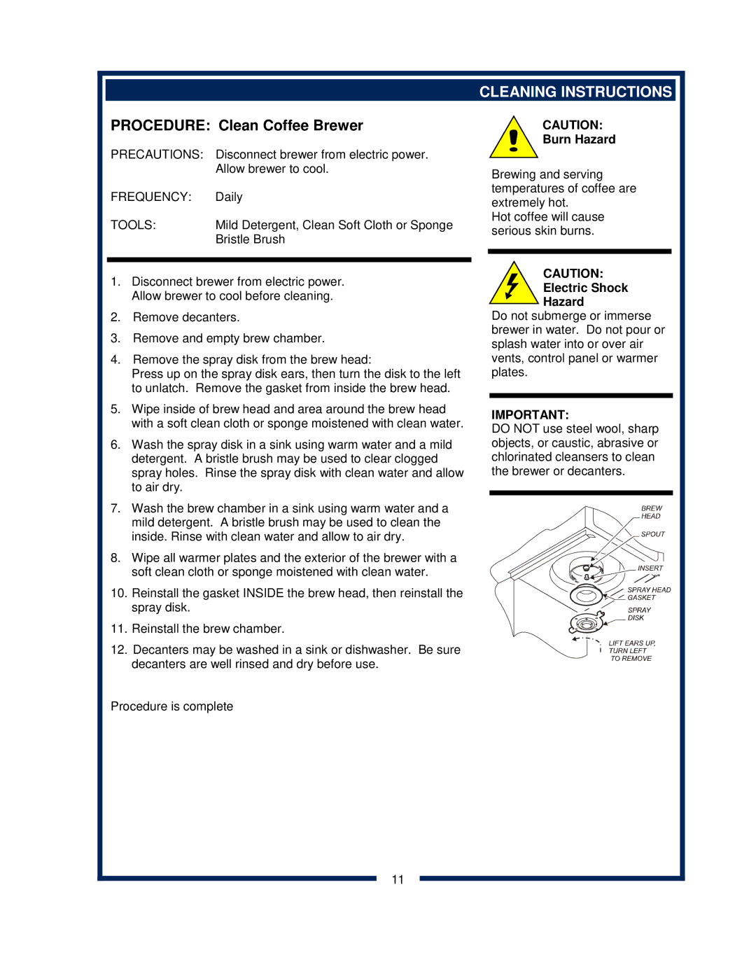 Bloomfield 2012, 2074L, 2072FRL, 2016EX, 2074FRL, 2072L owner manual Cleaning Instructions, Electric Shock Hazard 