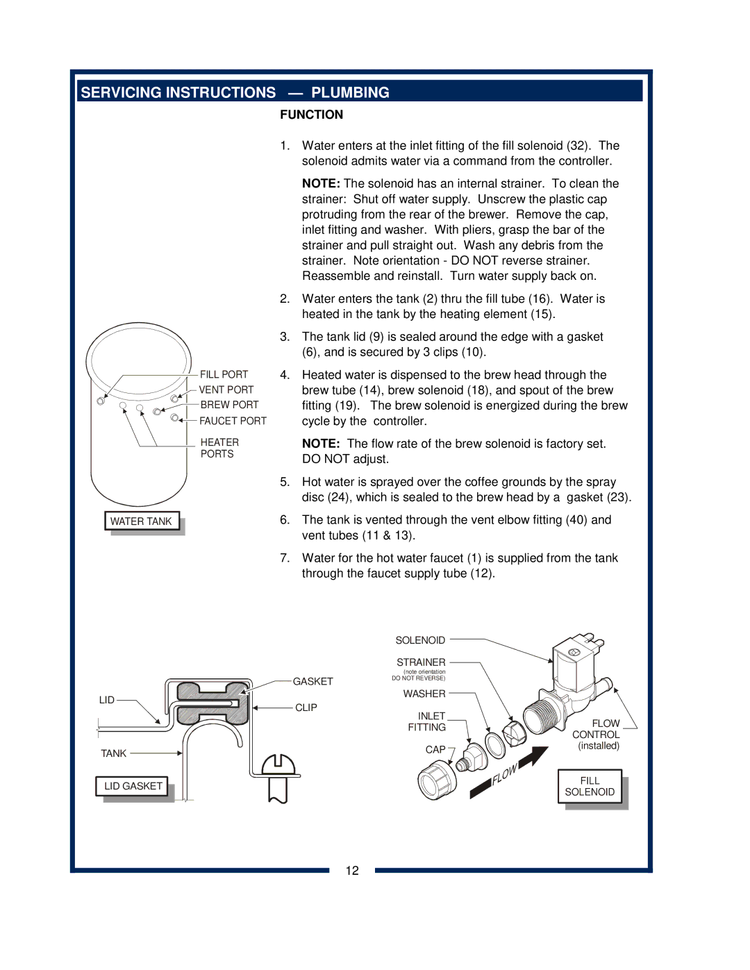 Bloomfield 2074L, 2072FRL, 2012, 2016EX, 2074FRL, 2072L owner manual Servicing Instructions Plumbing, Function 