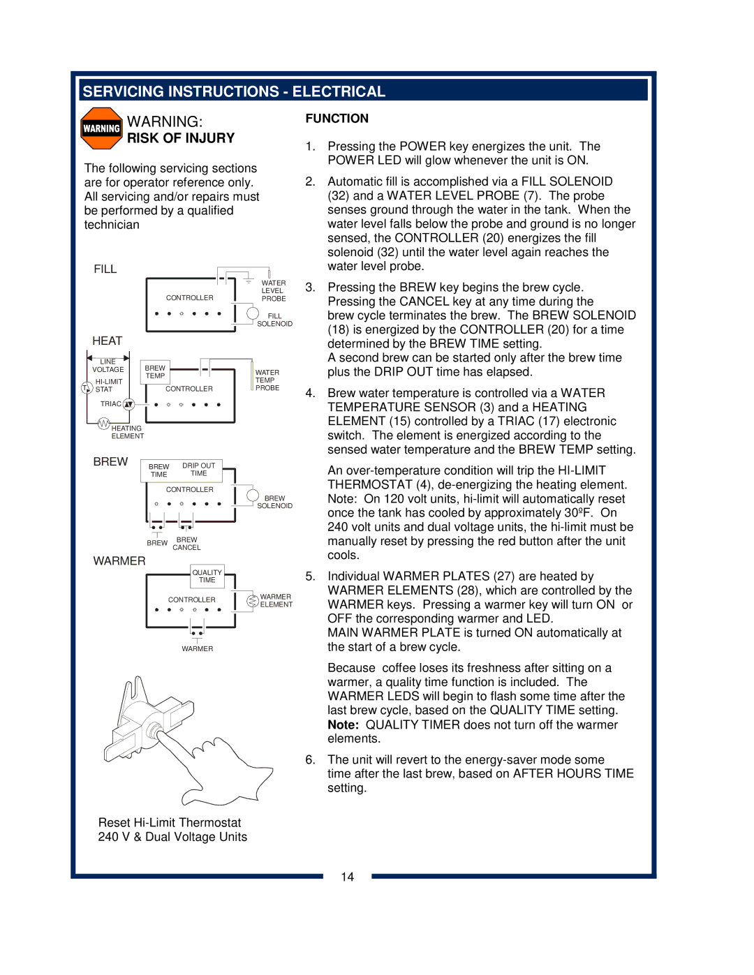 Bloomfield 2074L, 2072FRL, 2012, 2016EX, 2074FRL, 2072L owner manual Servicing Instructions Electrical, Risk of Injury 