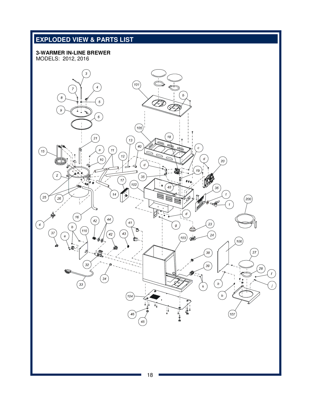 Bloomfield 2072L, 2074L, 2072FRL, 2016EX, 2074FRL owner manual Exploded View & Parts List, Warmer IN-LINE Brewer, Models 2012 