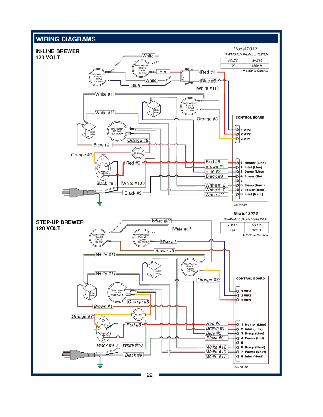 Bloomfield 2012, 2074L, 2072FRL, 2016EX, 2074FRL, 2072L owner manual Wiring Diagrams, IN-LINE Brewer 120 Volt 