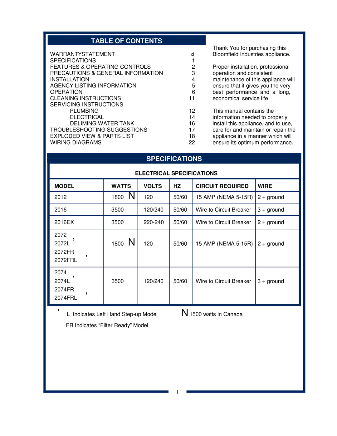 Bloomfield 2074L, 2072FRL, 2012, 2016EX, 2074FRL, 2072L owner manual Table of Contents, Specifications 