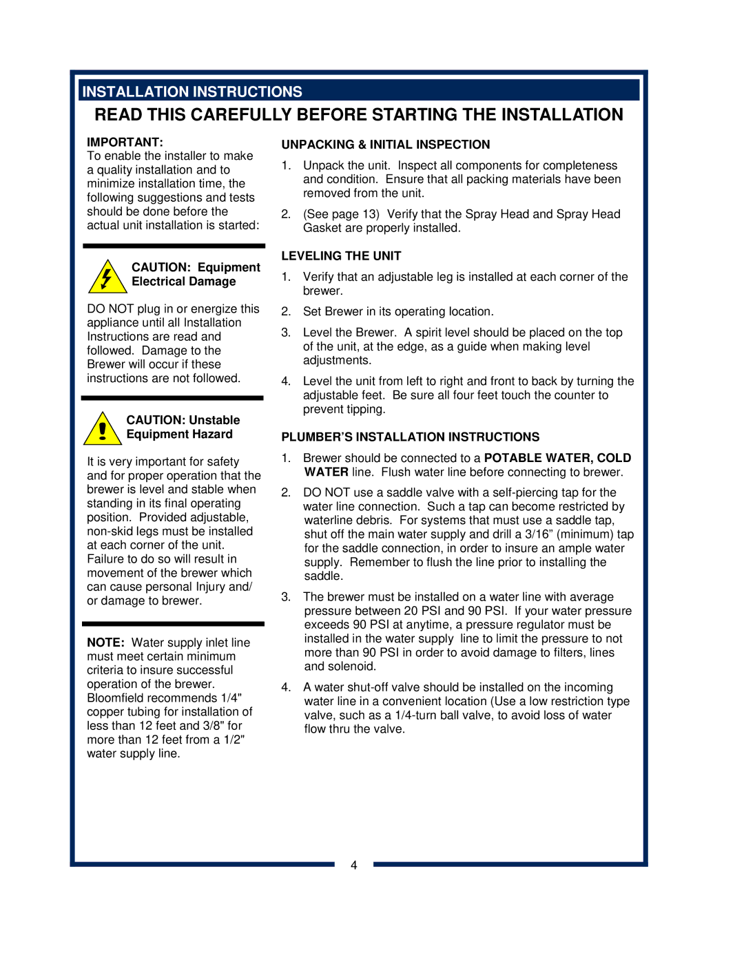 Bloomfield 2074FRL, 2074L Installation Instructions, Equipment Hazard, Unpacking & Initial Inspection, Leveling the Unit 