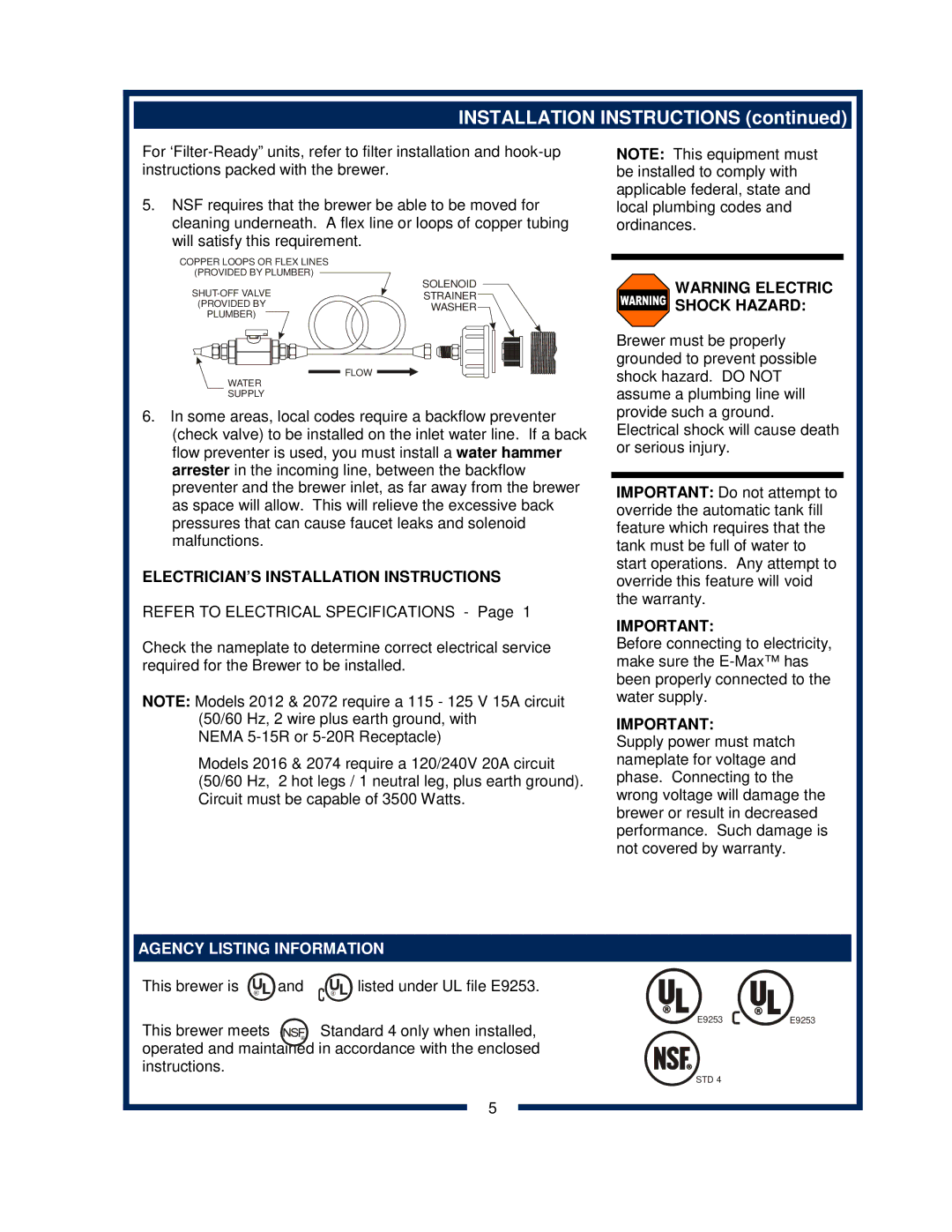 Bloomfield 2074L, 2072FRL, 2012, 2016EX, 2074FRL, 2072L owner manual ELECTRICIAN’S Installation Instructions 