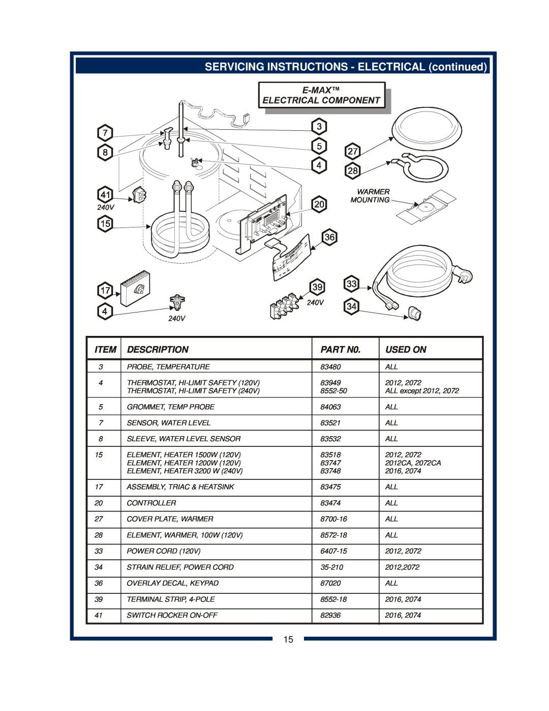 Bloomfield 2074FRL, 2074L, 2072FRL SERVICING INSTRUCTIONS - ELECTRICAL continued, Description, PART N0, Used On, 8552-18 