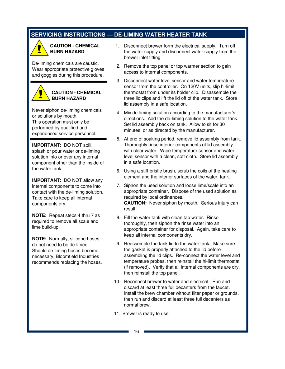 Bloomfield 2074L, 2072FRL, 2012 Servicing Instructions - De-Liming Water Heater Tank, Caution - Chemical Burn Hazard 