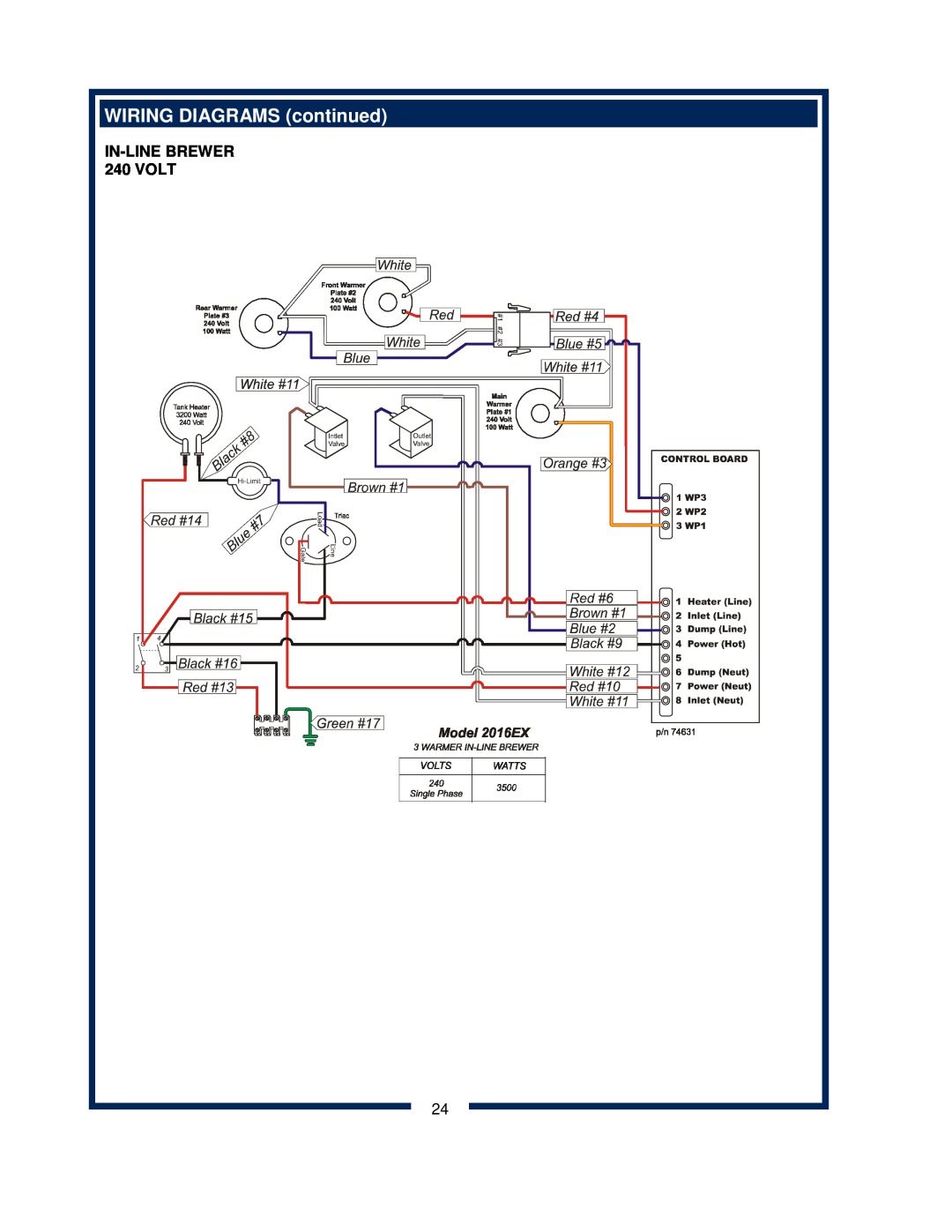 Bloomfield 2016EX, 2074L, 2072FRL, 2012, 2074FRL, 2072L owner manual WIRING DIAGRAMS continued, In-Line Brewer, Volt 