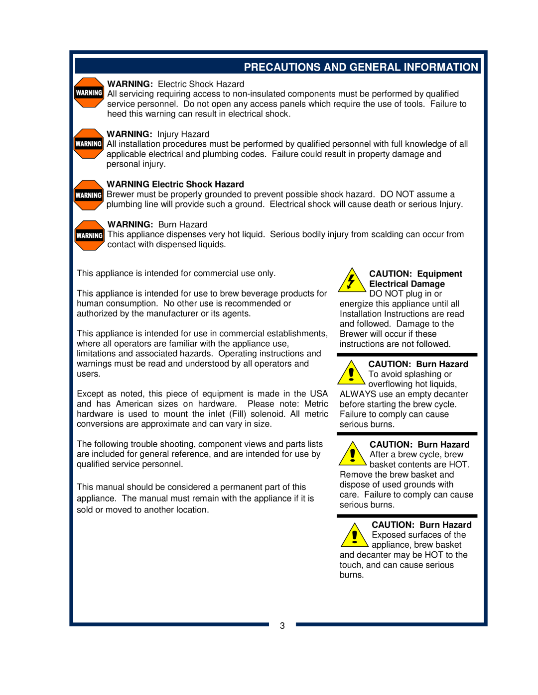 Bloomfield 2072 Precautions And General Information, WARNING Electric Shock Hazard, CAUTION Equipment Electrical Damage 