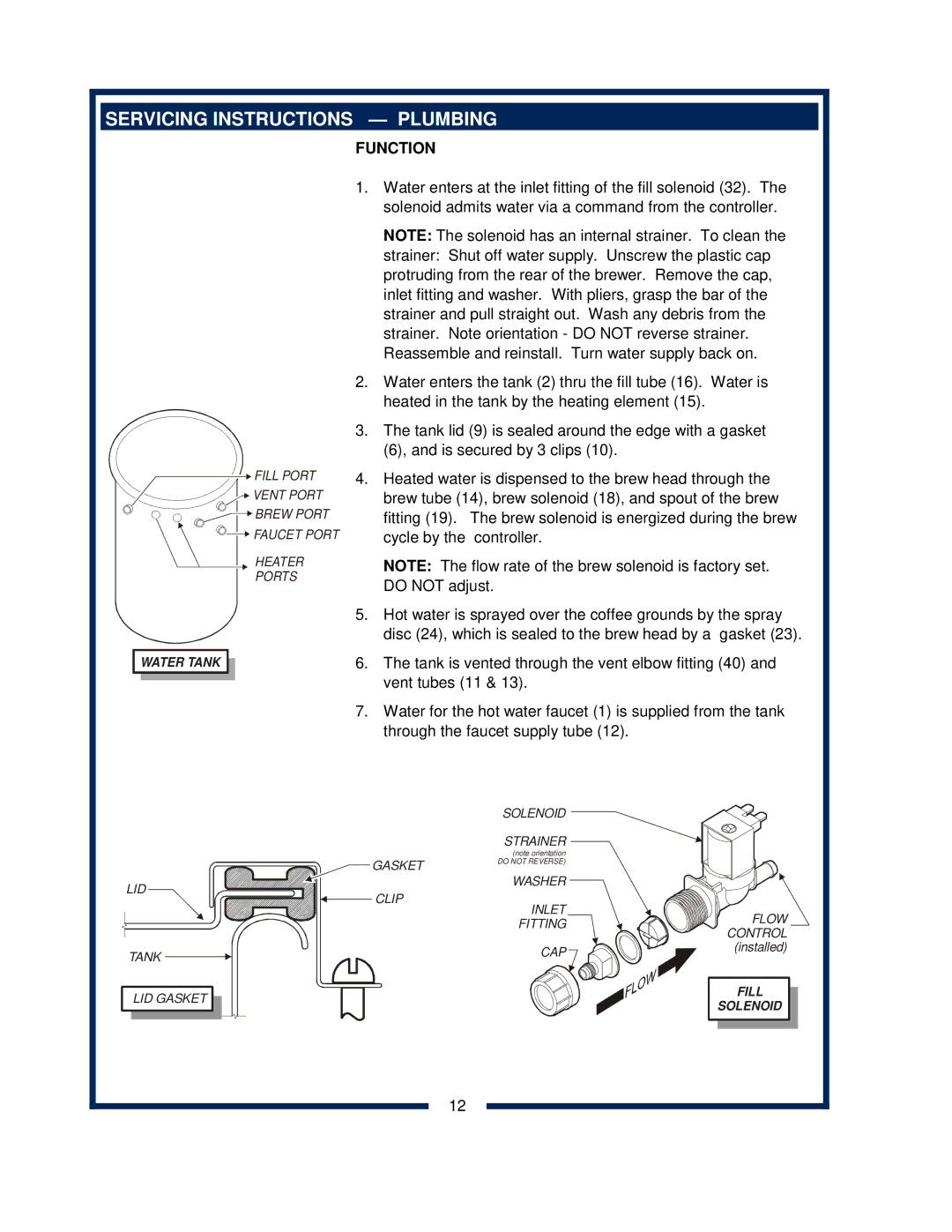 Bloomfield 2088EX, 2086EX, 2080, 2082 owner manual Servicing Instructions Plumbing, Function 