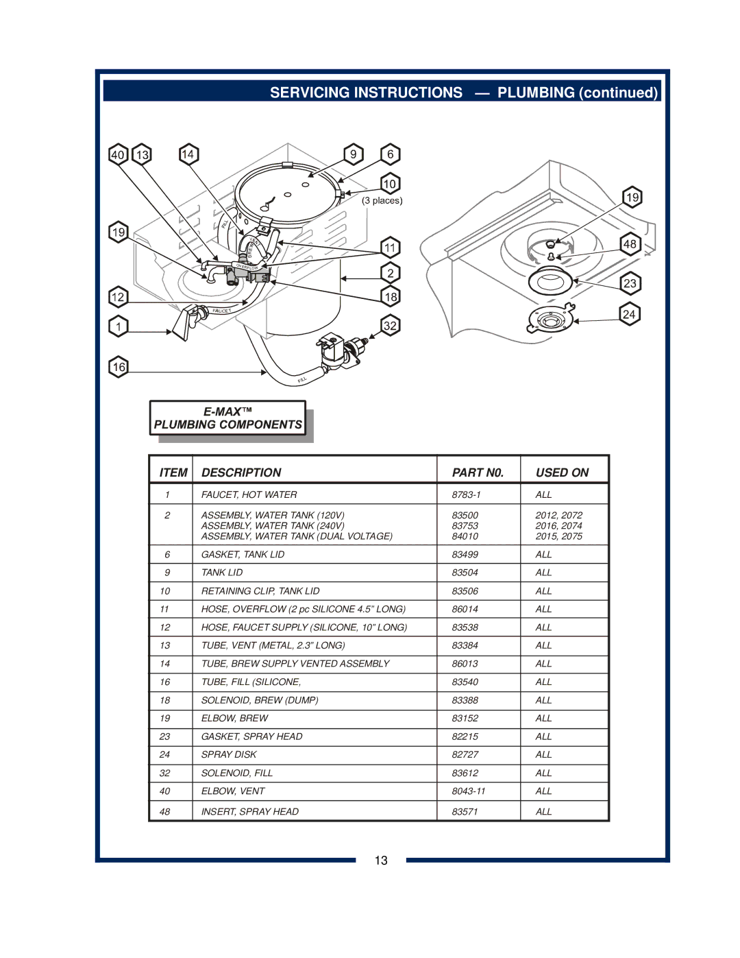 Bloomfield 2086EX, 2088EX, 2080, 2082 owner manual Servicing Instructions Plumbing, Description Part N0 Used on 