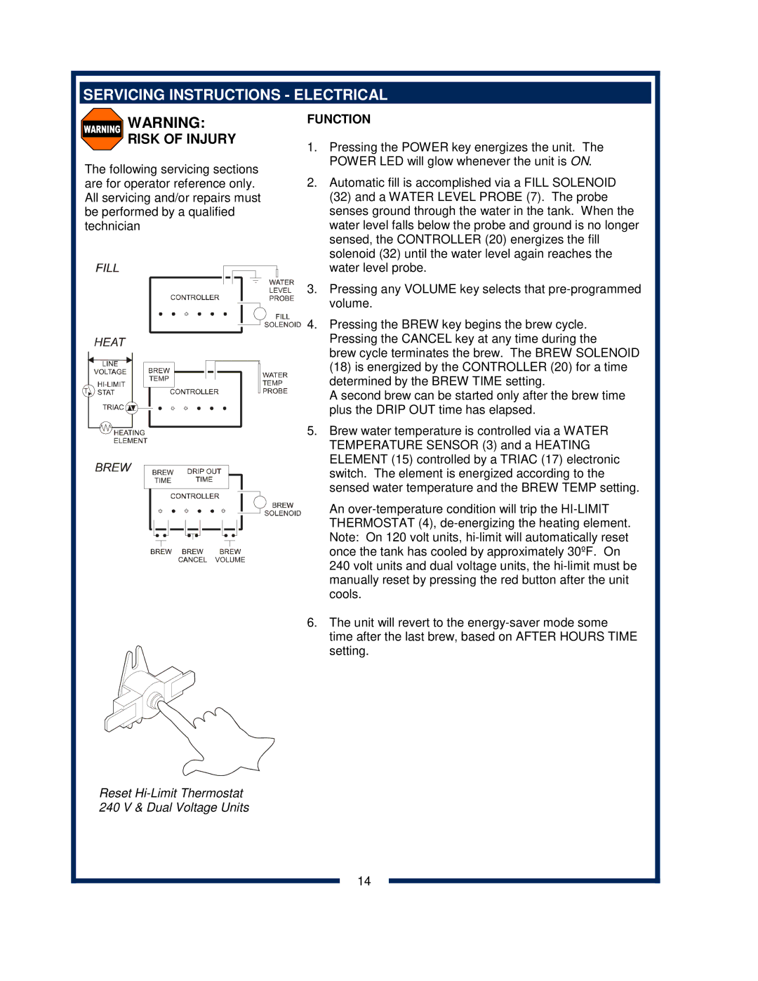 Bloomfield 2080, 2088EX, 2086EX, 2082 owner manual Servicing Instructions Electrical, Risk of Injury 