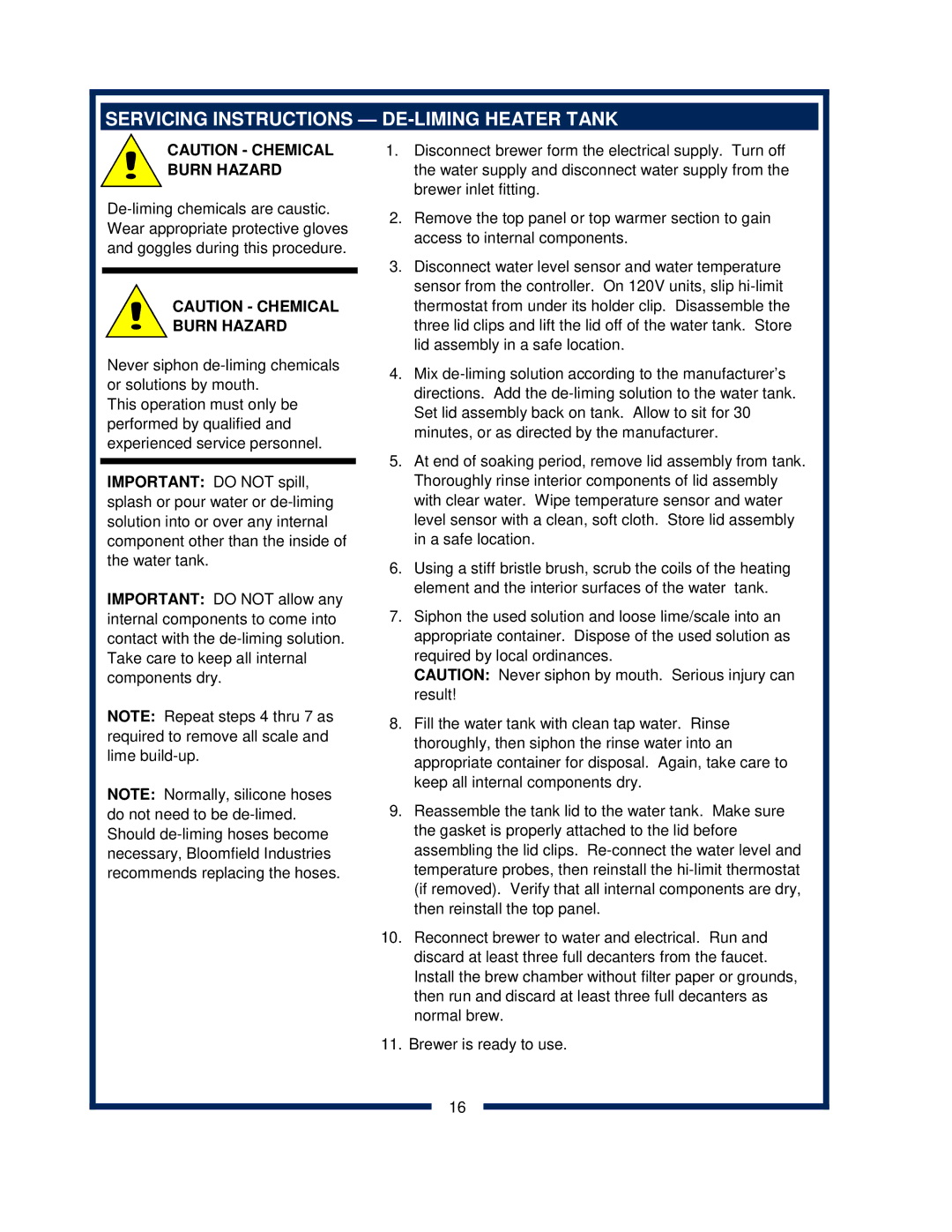 Bloomfield 2088EX, 2086EX, 2080, 2082 owner manual Servicing Instructions DE-LIMING Heater Tank, Burn Hazard 