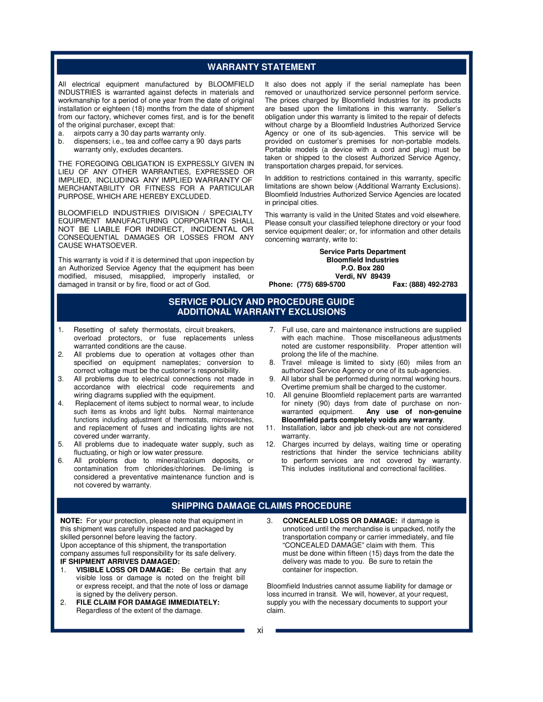 Bloomfield 2088EX, 2086EX, 2080, 2082 owner manual Warranty Statement 