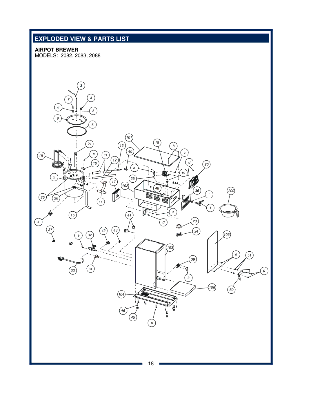 Bloomfield 2088EX, 2086EX, 2080, 2082 owner manual Exploded View & Parts List, Airpot Brewer 