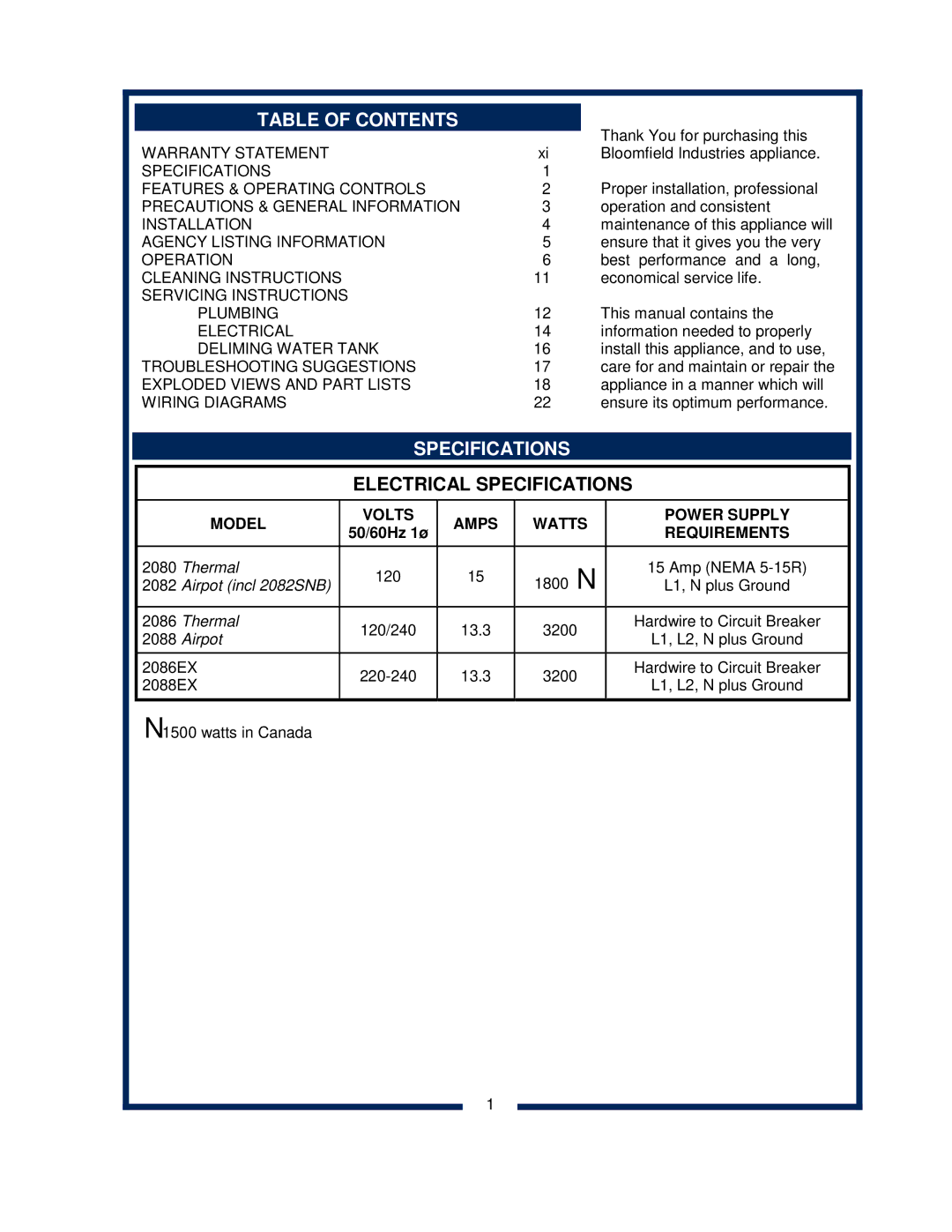 Bloomfield 2086EX, 2088EX, 2080, 2082 owner manual Table of Contents, Specifications 