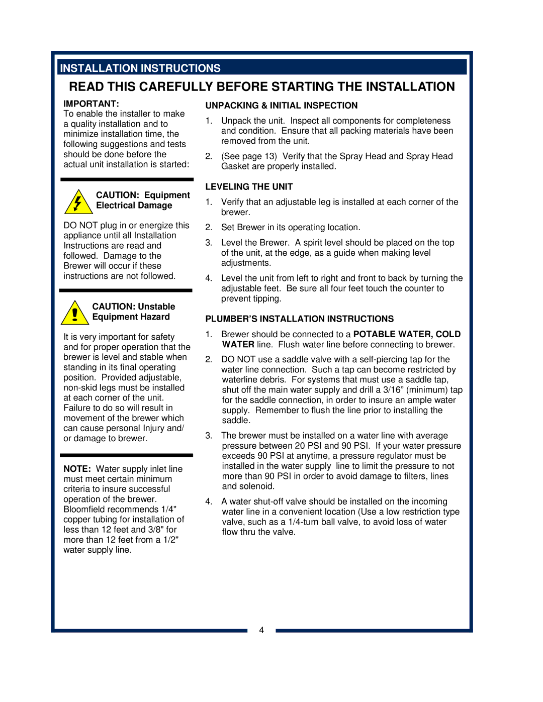 Bloomfield 2088EX, 2086EX, 2080, 2082 Installation Instructions, Unpacking & Initial Inspection, Leveling the Unit 