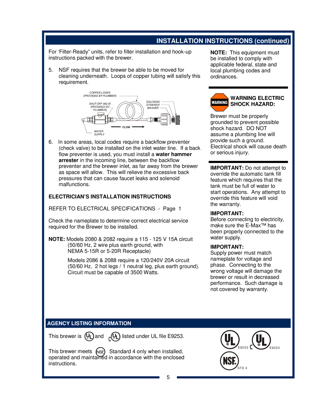 Bloomfield 2088EX, 2086EX, 2080, 2082 owner manual ELECTRICIAN’S Installation Instructions 