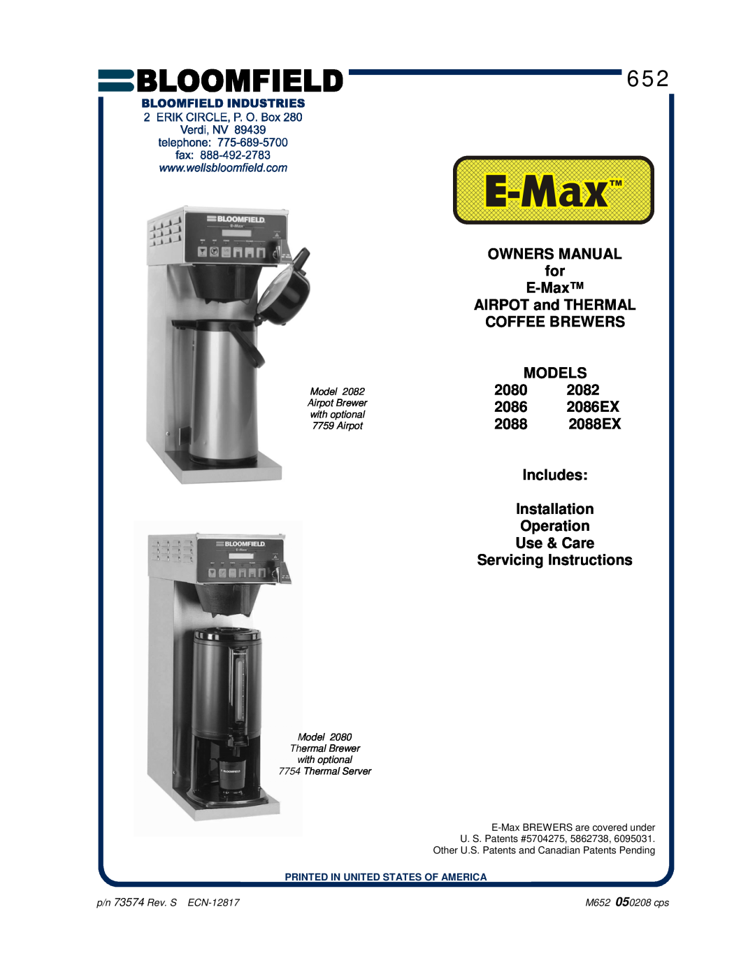 Bloomfield 2088 owner manual OWNERS MANUAL for E-Max AIRPOT and THERMAL COFFEE BREWERS MODELS 2080, Servicing Instructions 