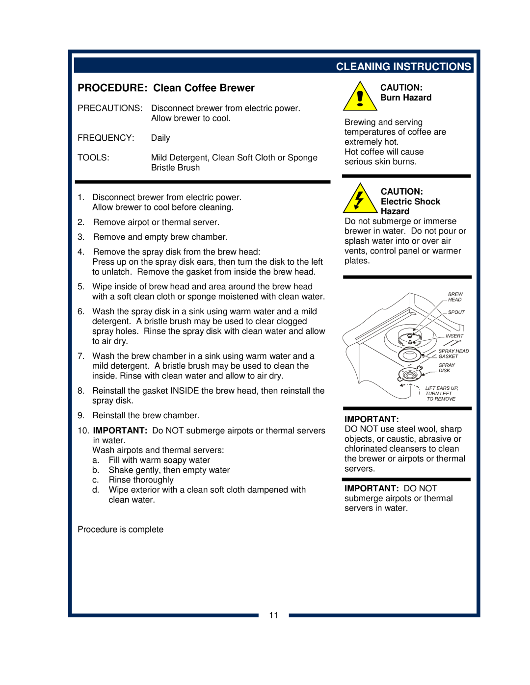 Bloomfield 2088EX, 2086EX, 2080, 2082 owner manual PROCEDURE Clean Coffee Brewer, Cleaning Instructions 