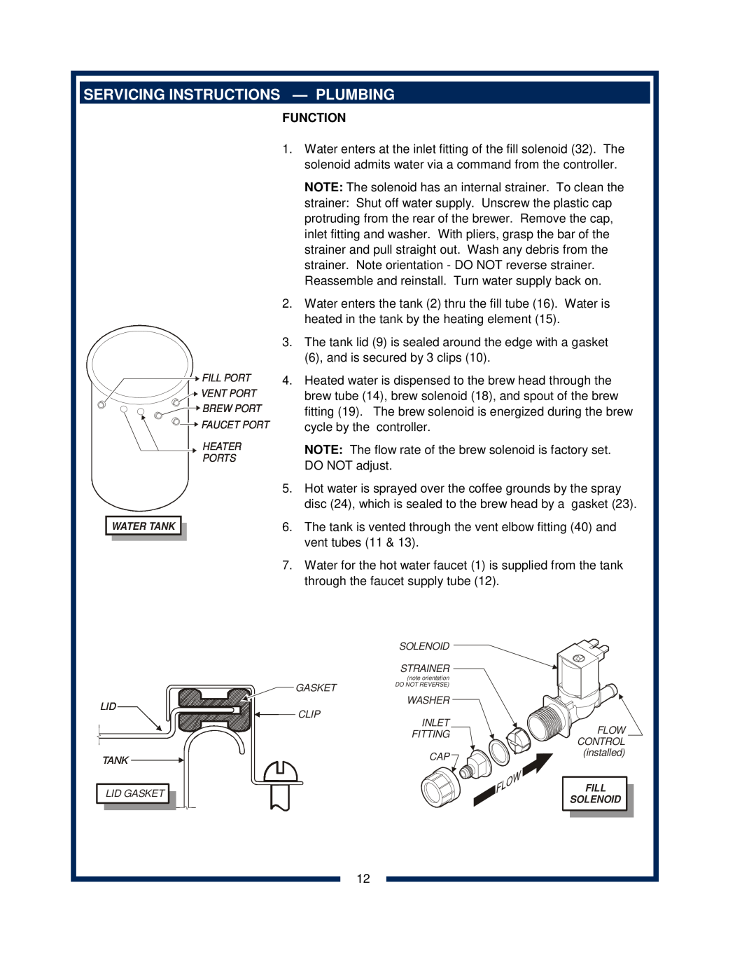 Bloomfield 2088EX, 2086EX, 2080, 2082 owner manual Servicing Instructions - Plumbing, Function 