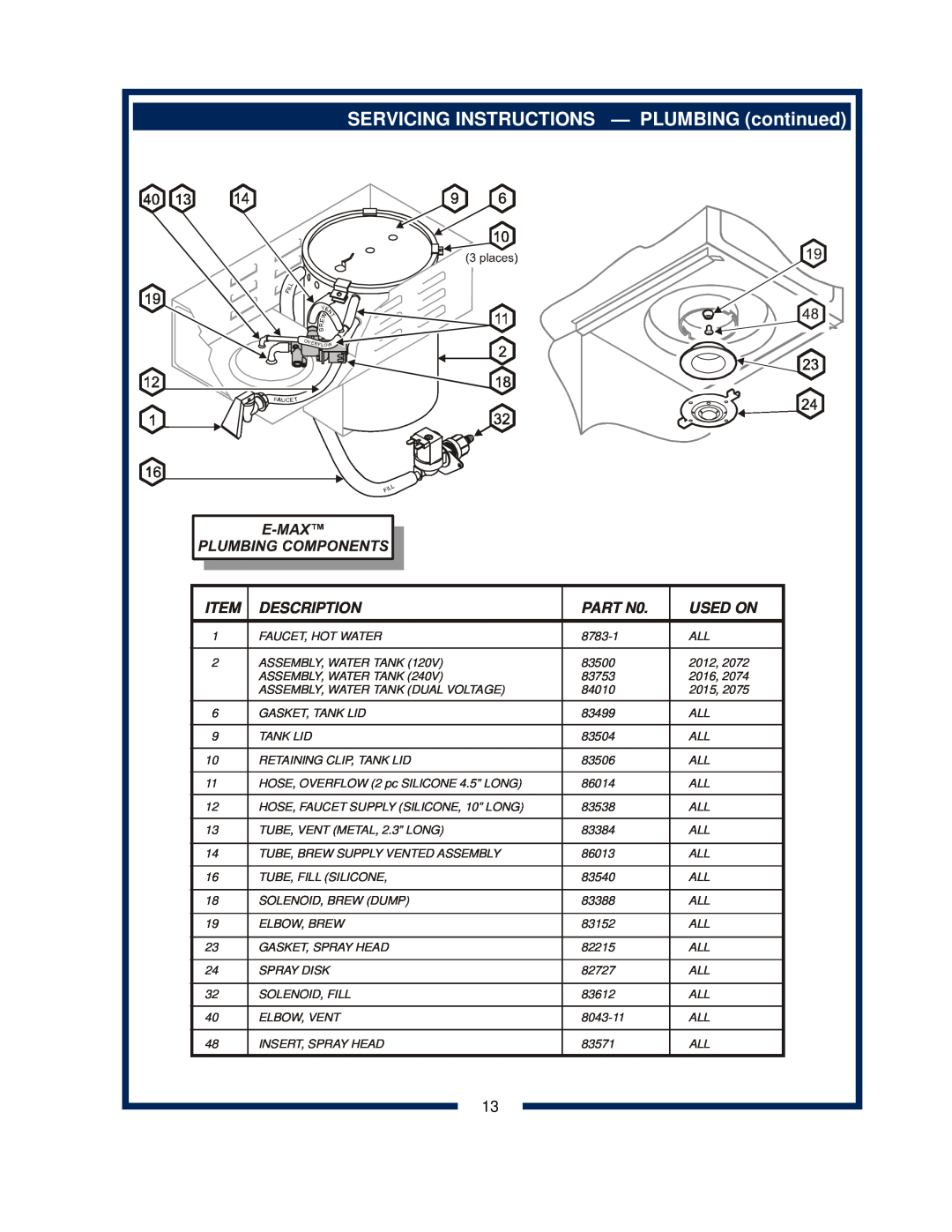 Bloomfield 2086EX, 2088EX, 2080, 2082 owner manual SERVICING INSTRUCTIONS - PLUMBING continued, Description, PART N0, Used On 