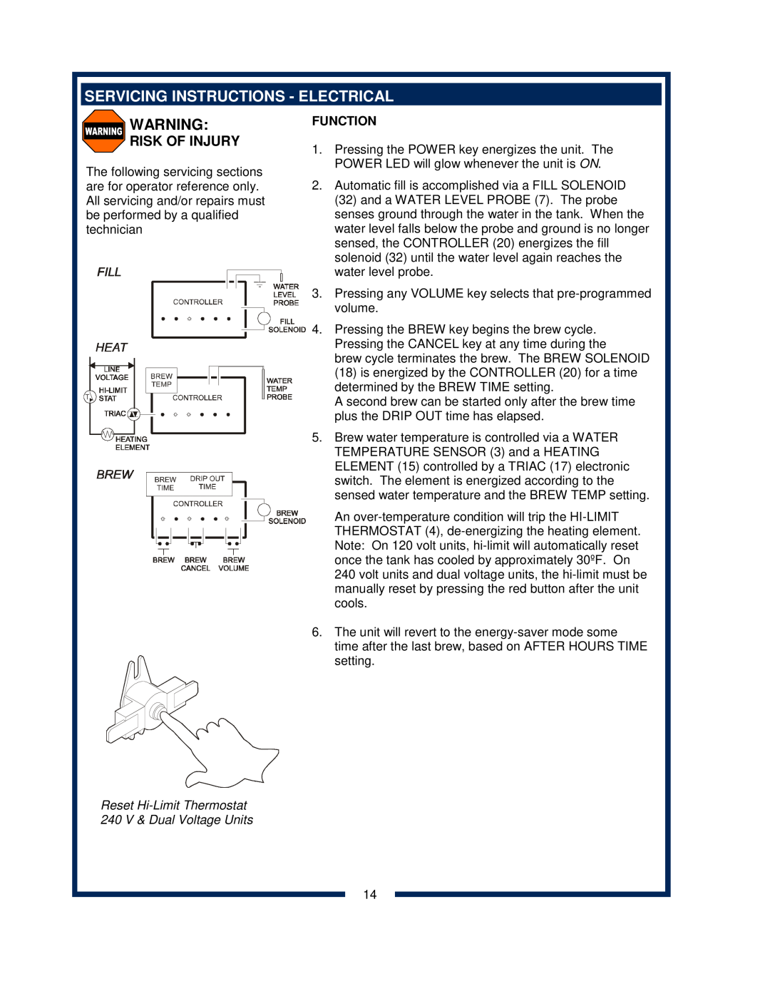 Bloomfield 2080 Servicing Instructions - Electrical, Reset Hi-Limit Thermostat 240 V & Dual Voltage Units, Risk Of Injury 