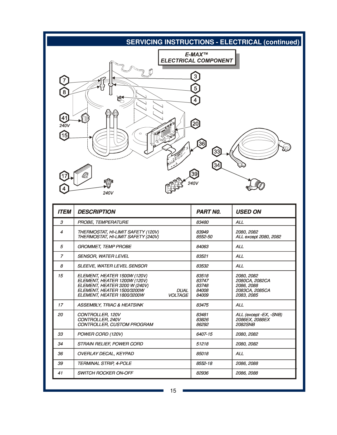 Bloomfield 2082, 2088EX, 2086EX SERVICING INSTRUCTIONS - ELECTRICAL continued, Description, PART N0, Used On, 8552-18 