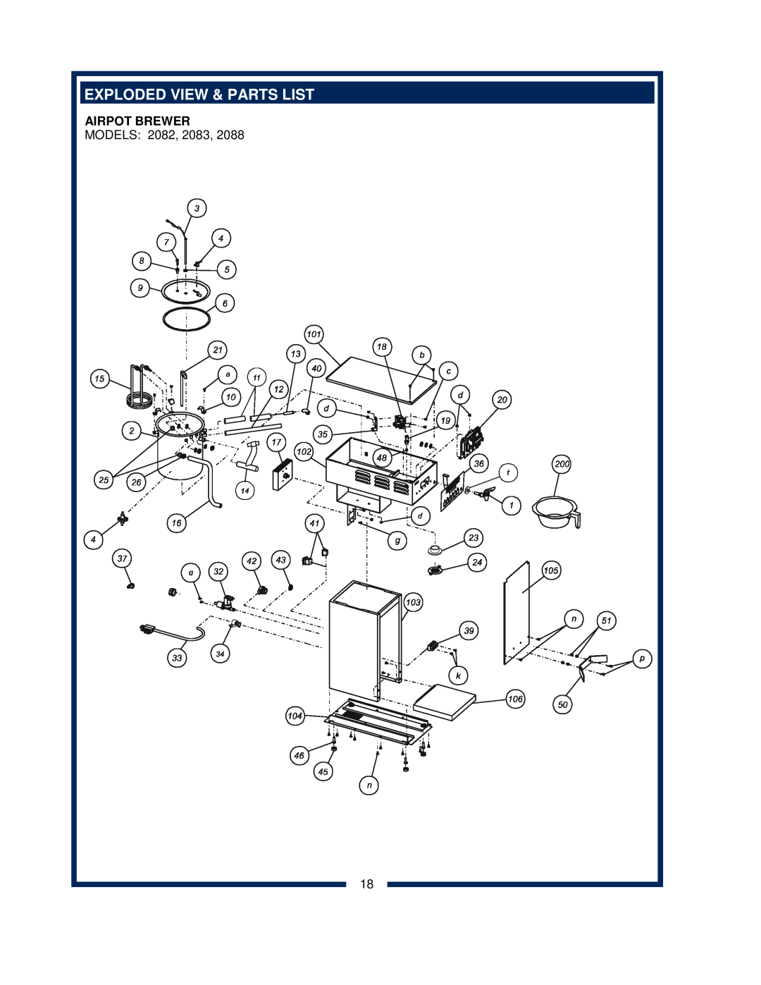 Bloomfield 2088EX, 2086EX, 2080, 2082 owner manual Exploded View & Parts List, Airpot Brewer 