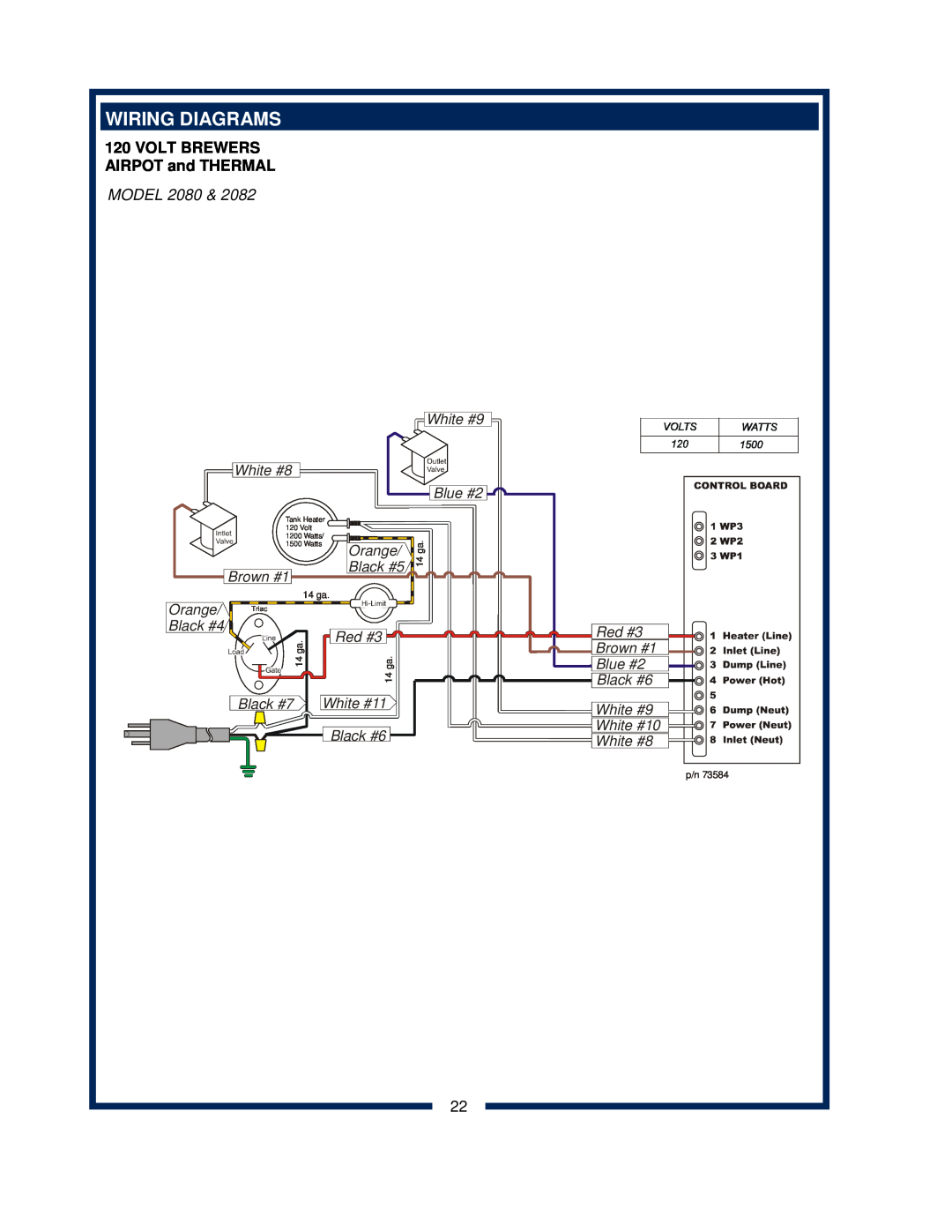 Bloomfield 2088EX, 2086EX, 2080, 2082 owner manual Wiring Diagrams, Volt Brewers, AIRPOT and THERMAL 