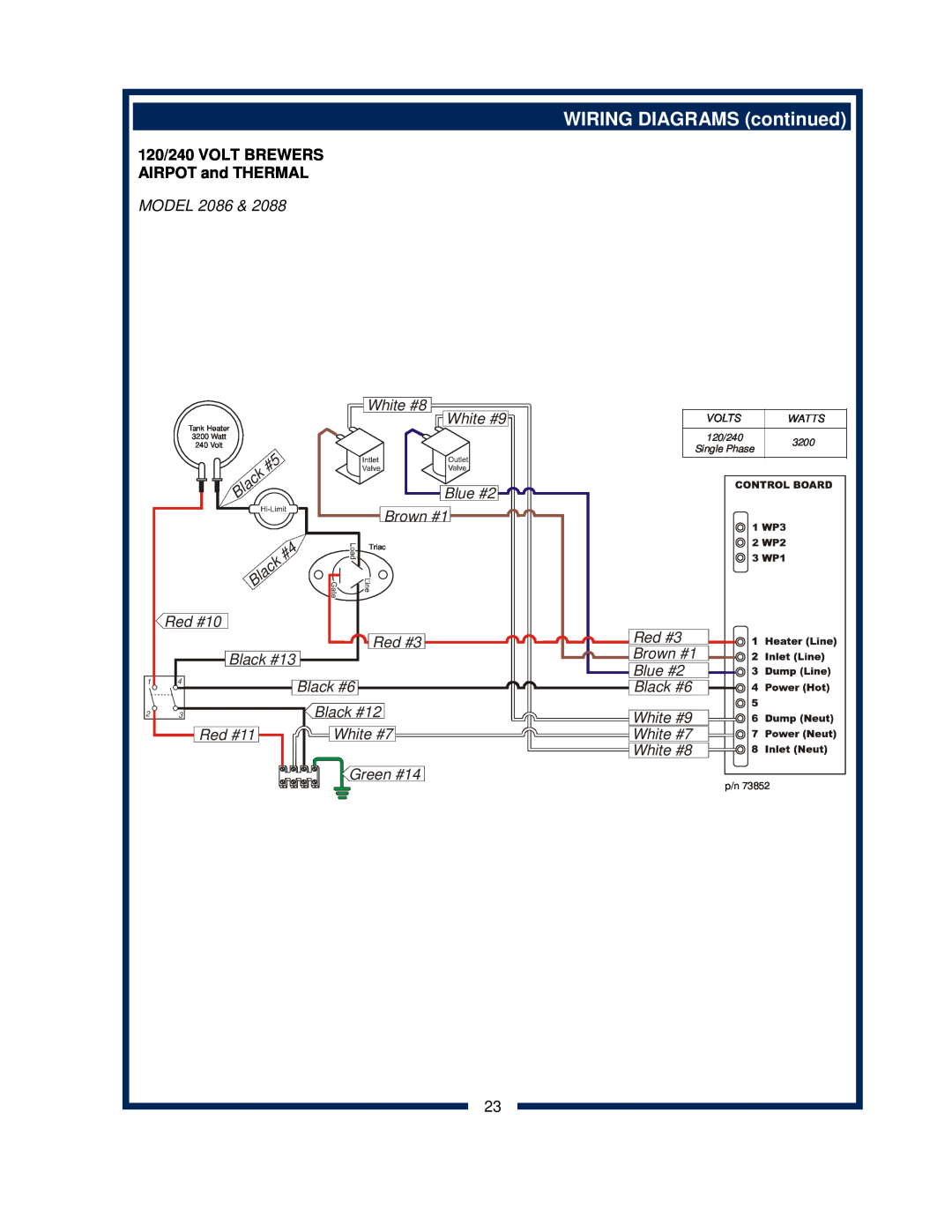 Bloomfield 2088EX, 2086EX WIRING DIAGRAMS continued, 120/240 VOLT BREWERS, AIRPOT and THERMAL, 3200, Single Phase 