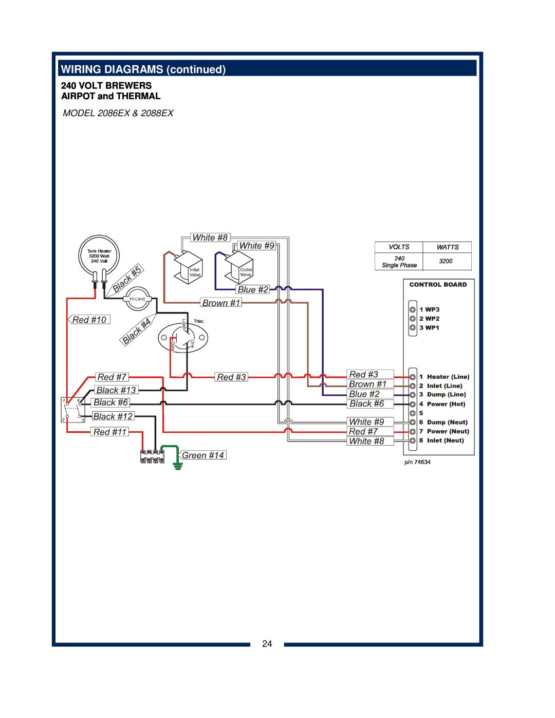 Bloomfield 2080, 2082 owner manual WIRING DIAGRAMS continued, Volt Brewers, AIRPOT and THERMAL, MODEL 2086EX & 2088EX 