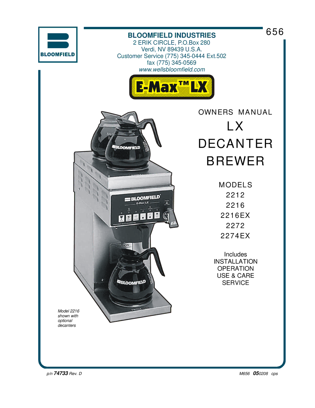 Bloomfield 2274EX, 2216EX, 2212, 2272 owner manual Decanter Brewer 