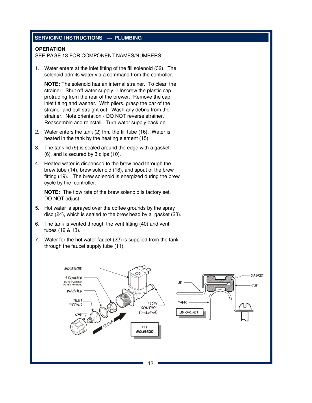 Bloomfield 2272, 2216EX, 2274EX, 2212 owner manual Servicing Instructions Plumbing, See page 13 for Component NAMES/NUMBERS 