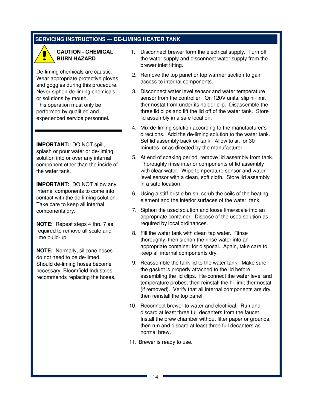 Bloomfield 2274EX, 2216EX, 2212, 2272 owner manual Servicing Instructions DE-LIMING Heater Tank, Burn Hazard 