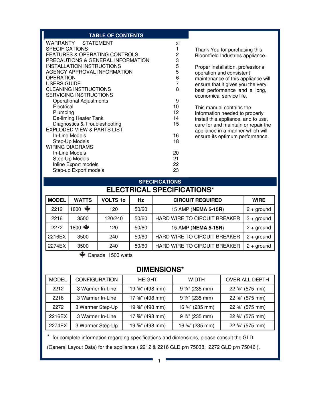 Bloomfield 2212, 2216EX, 2274EX, 2272 owner manual Dimensions, Table of Contents 