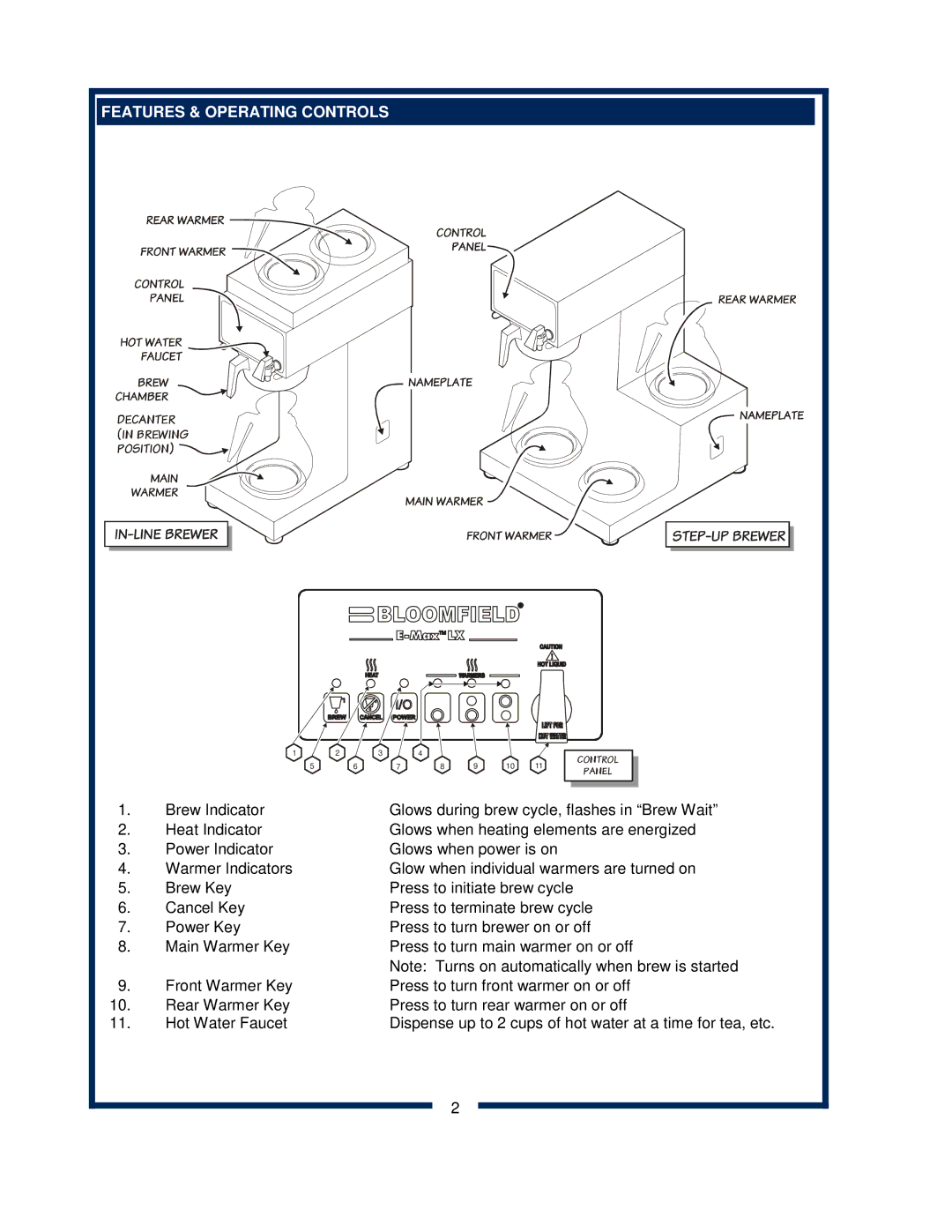 Bloomfield 2272, 2216EX, 2274EX, 2212 owner manual Features & Operating Controls 