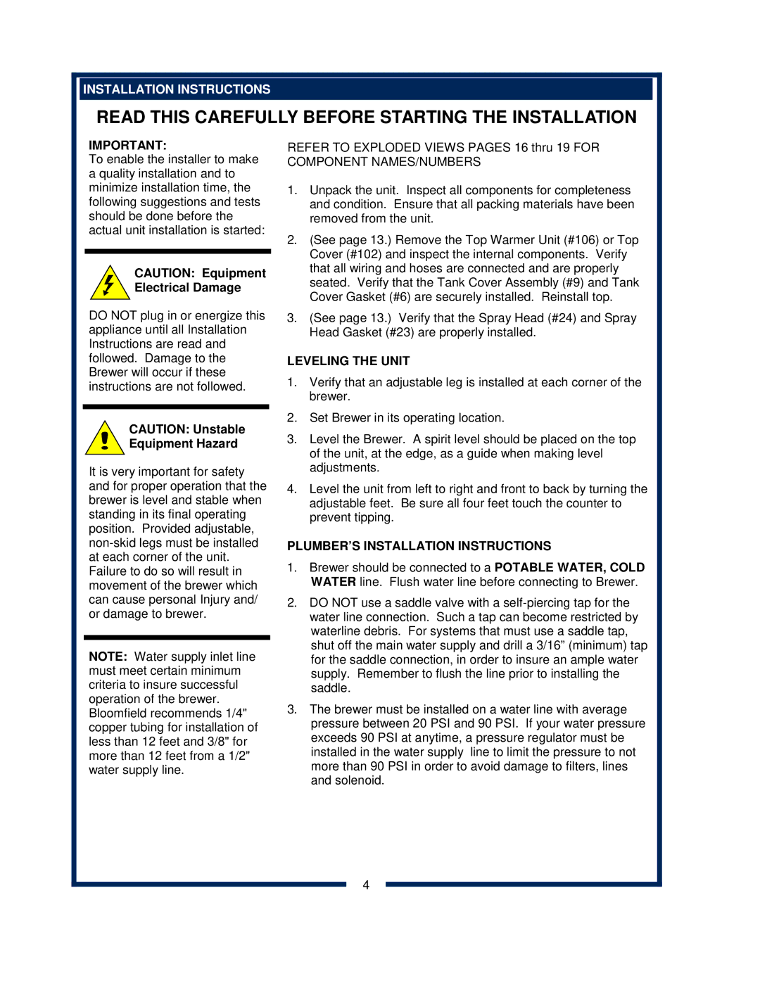 Bloomfield 2274EX, 2216EX, 2212, 2272 owner manual Leveling the Unit, PLUMBER’S Installation Instructions 