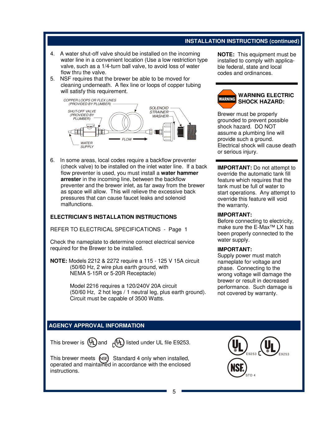 Bloomfield 2216EX, 2274EX, 2212, 2272 owner manual ELECTRICIAN’S Installation Instructions, Agency Approval Information 