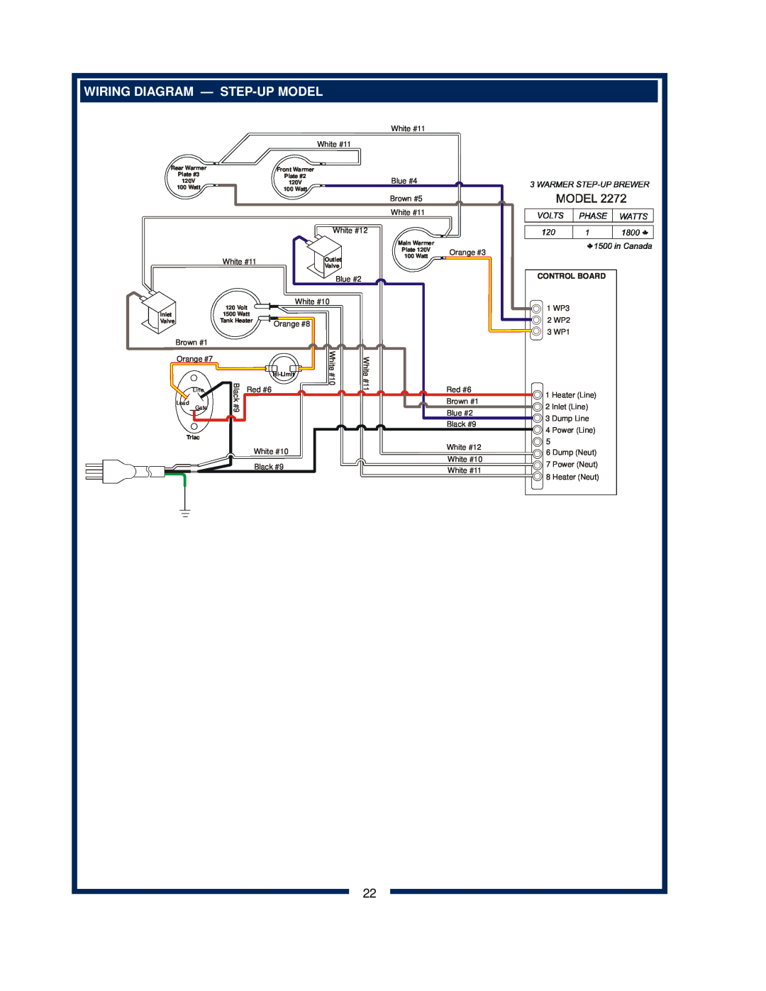 Bloomfield 2272, 2216EX, 2274EX, 2212 owner manual Wiring Diagram - Step-Up Model, Control Board 