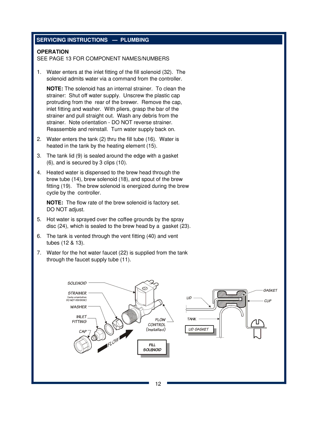 Bloomfield 2282, 2288EX, 2280, 2286EX owner manual Servicing Instructions Plumbing, See page 13 for Component NAMES/NUMBERS 