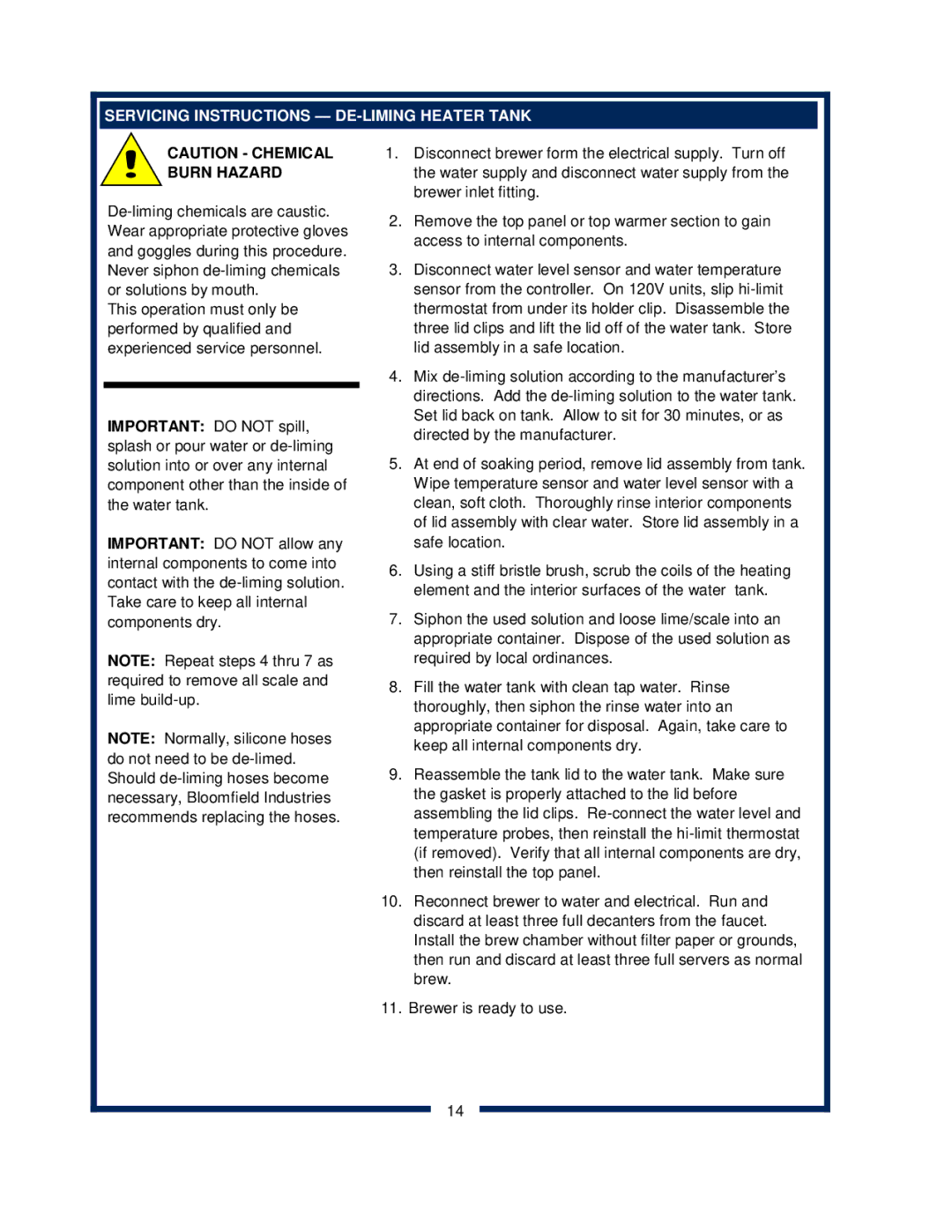 Bloomfield 2288EX, 2280, 2282, 2286EX owner manual Servicing Instructions DE-LIMING Heater Tank, Burn Hazard 