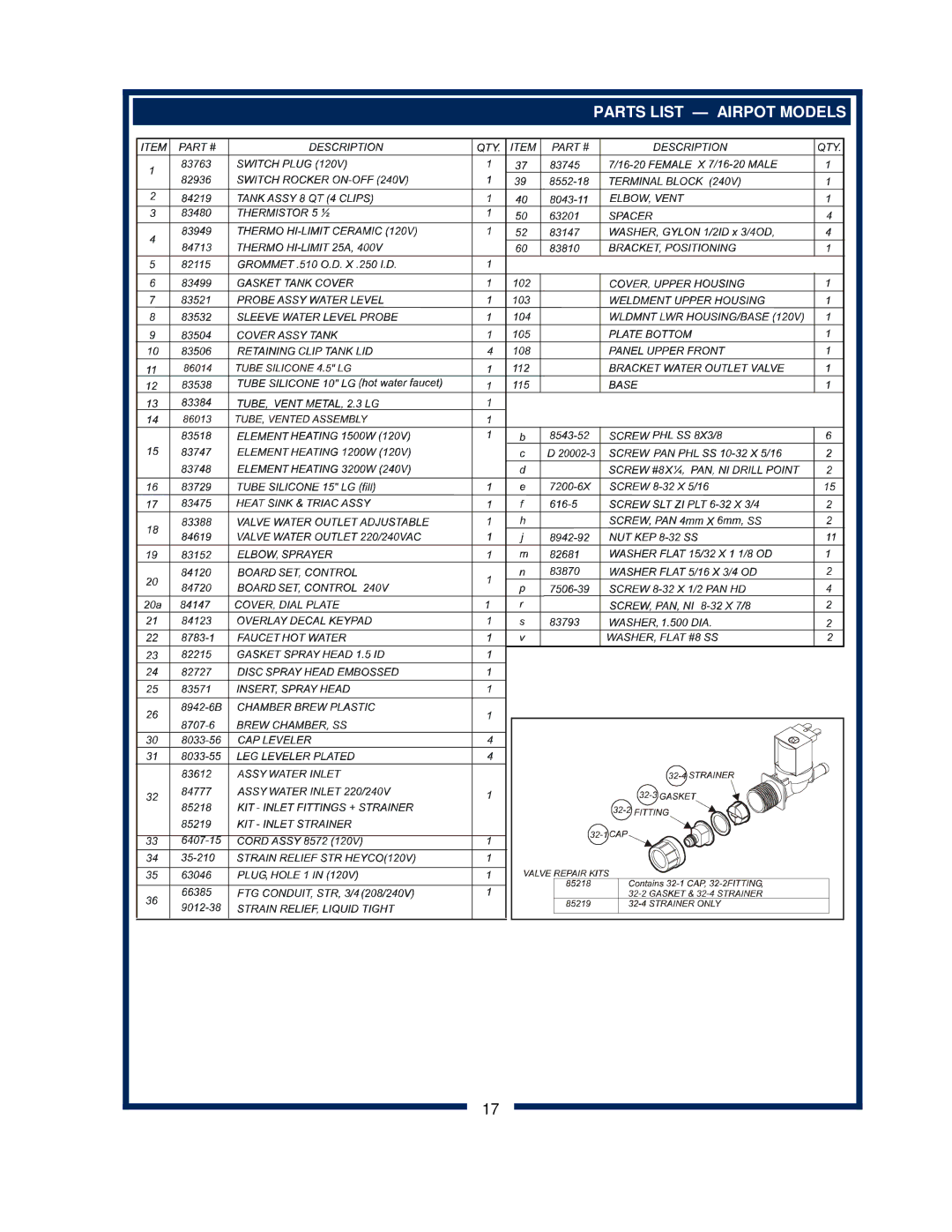 Bloomfield 2286EX, 2288EX, 2280, 2282 owner manual Parts List Airpot Models 