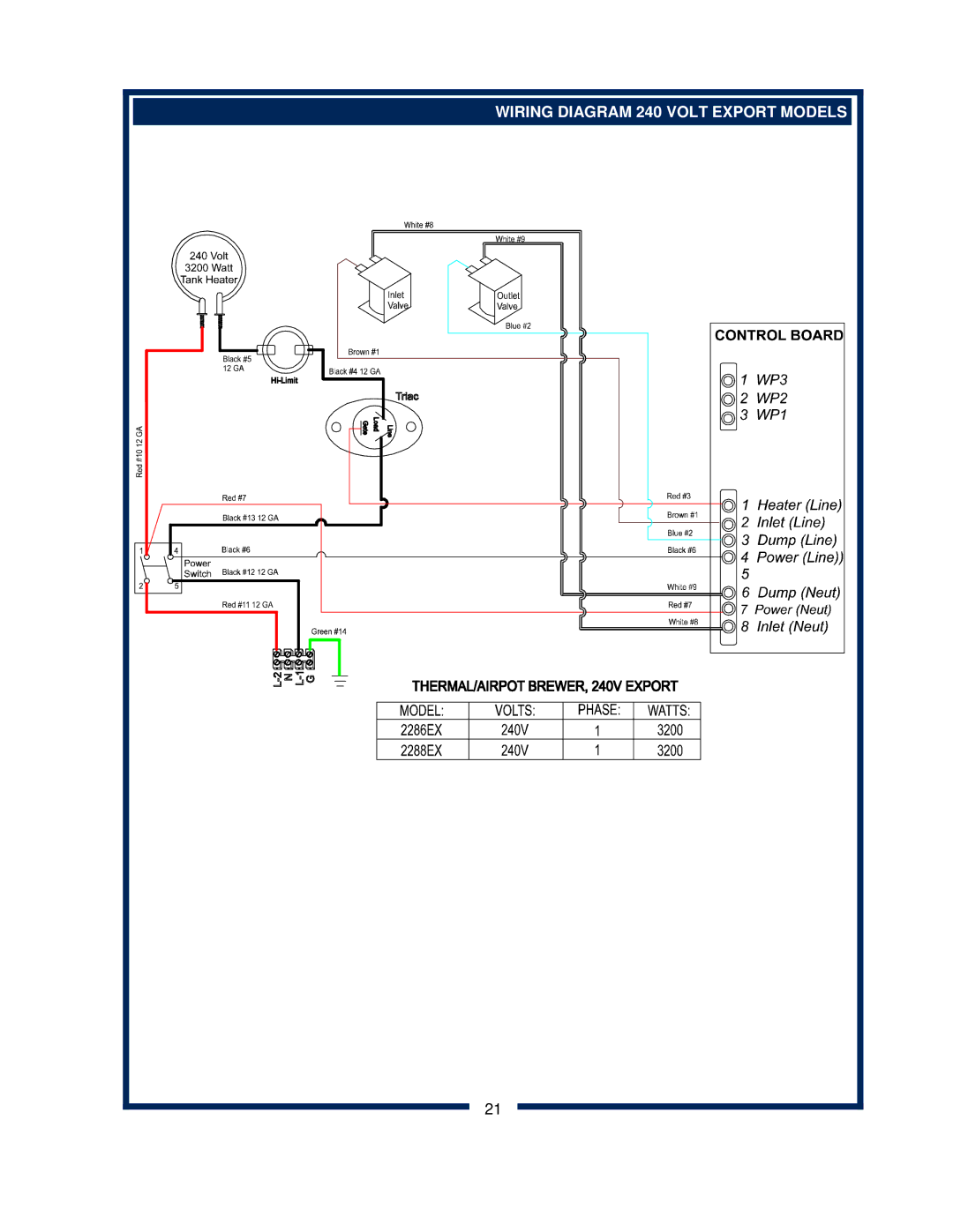 Bloomfield 2286EX, 2288EX, 2280, 2282 owner manual Wiring Diagram 240 Volt Export Models 