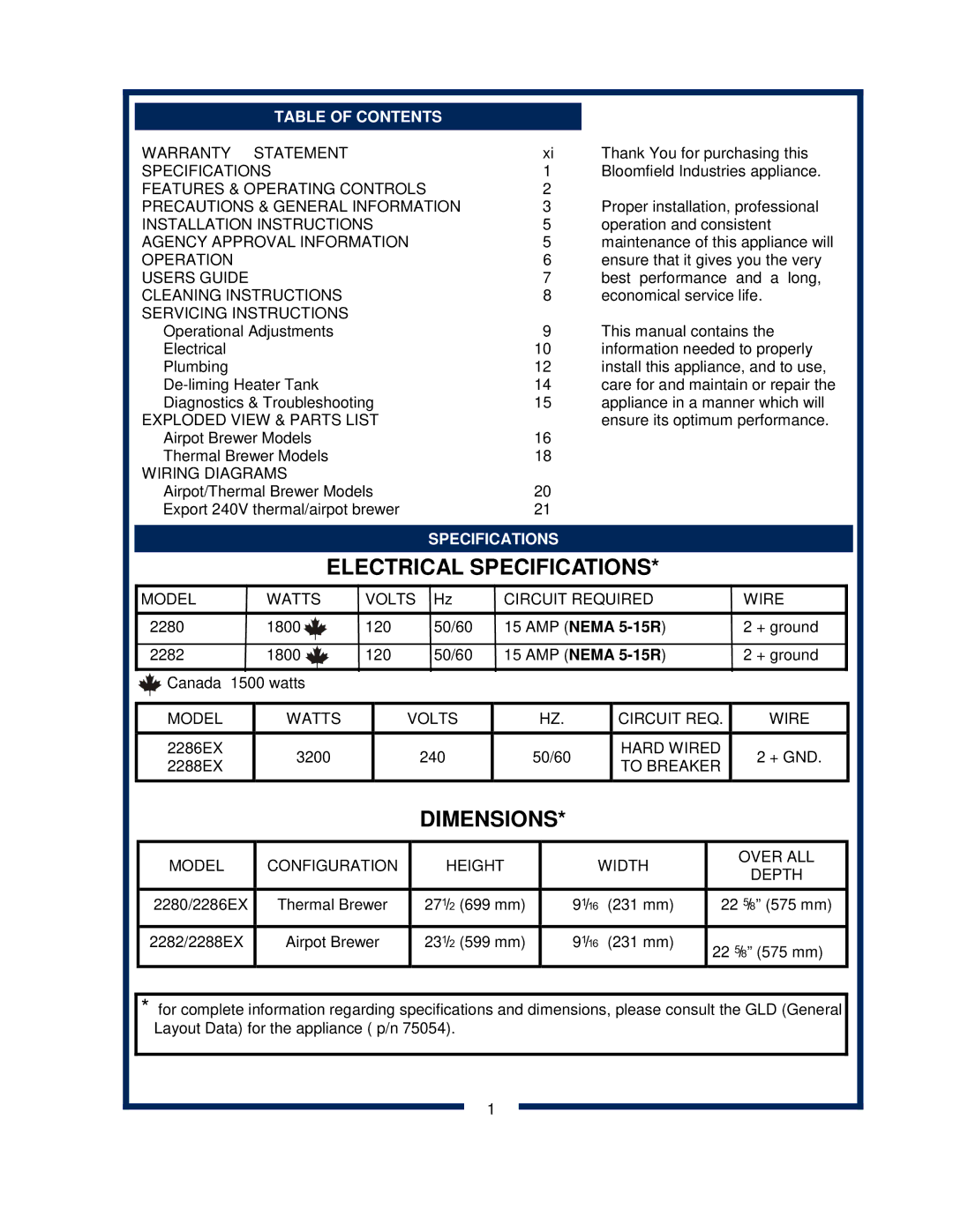 Bloomfield 2286EX, 2288EX, 2280, 2282 owner manual Table of Contents, Specifications 