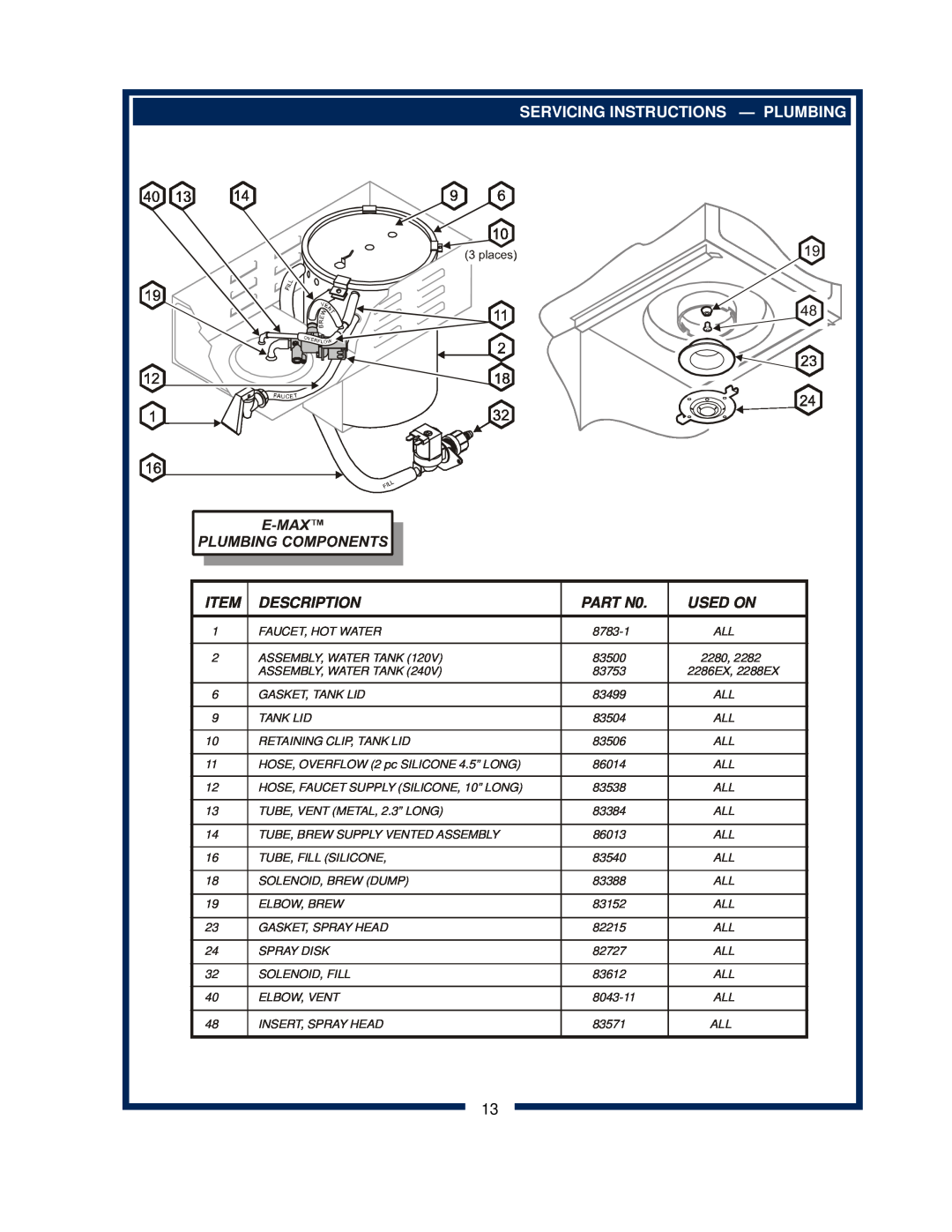 Bloomfield 2286EX, 2288EX, 2280, 2282 owner manual Servicing Instructions - Plumbing, Description, PART N0, Used On 