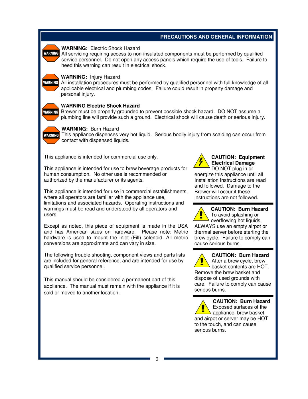 Bloomfield 2280 Precautions And General Information, WARNING Electric Shock Hazard, CAUTION Equipment Electrical Damage 