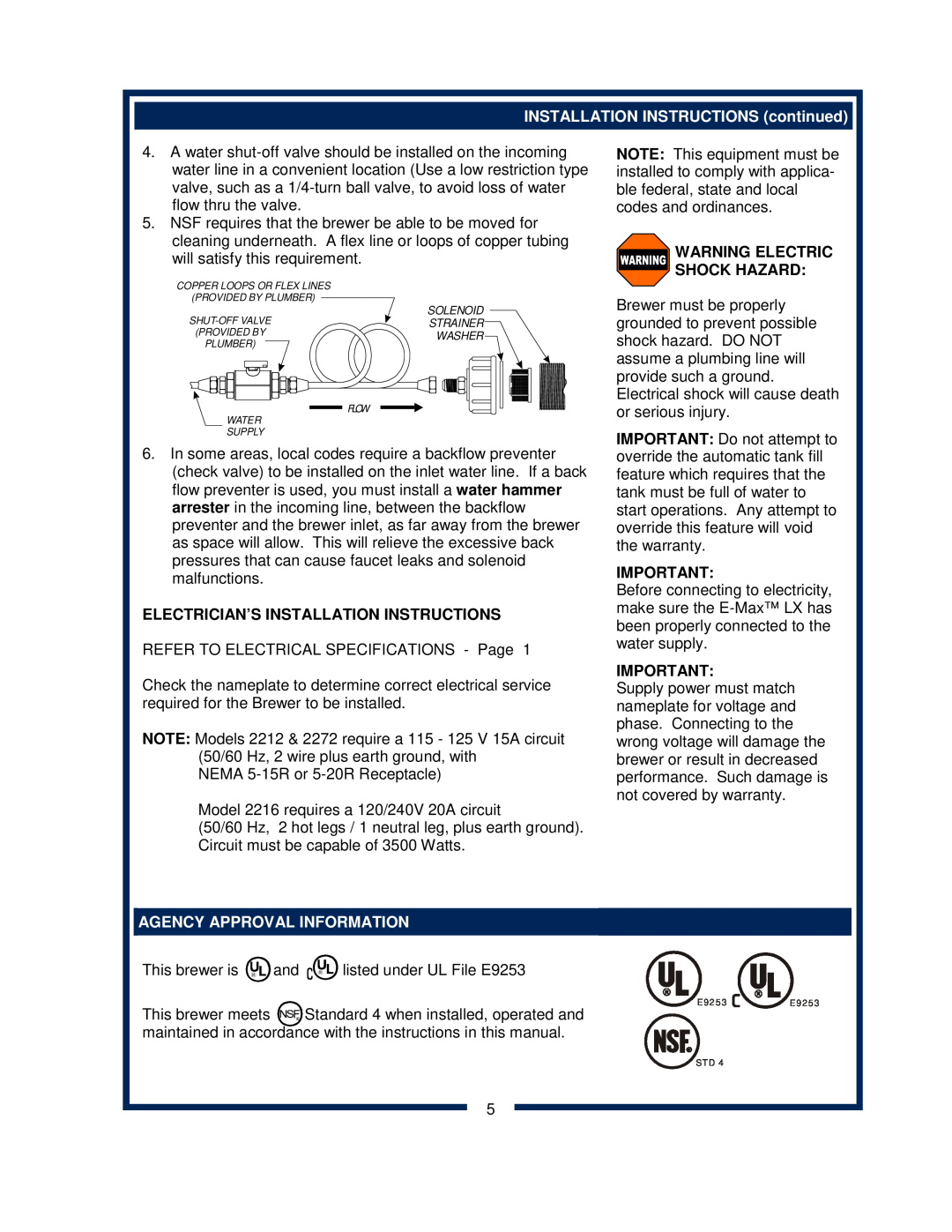 Bloomfield 2286EX, 2288EX INSTALLATION INSTRUCTIONS continued, Agency Approval Information, Warning Electric Shock Hazard 