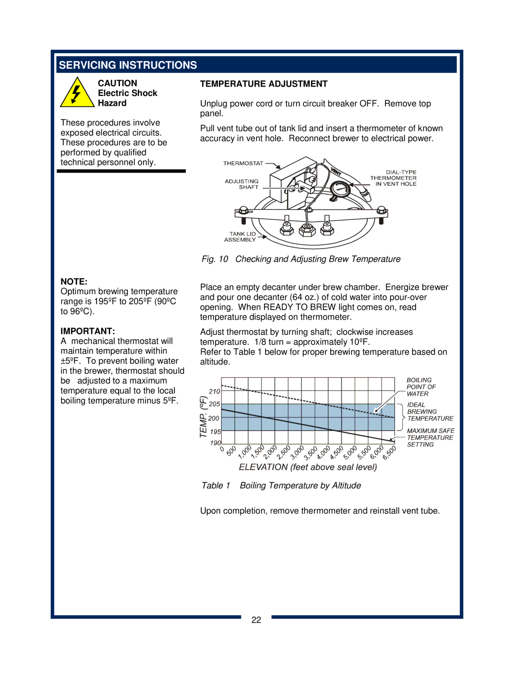 Bloomfield 600 manual Servicing Instructions, Temperature Adjustment 