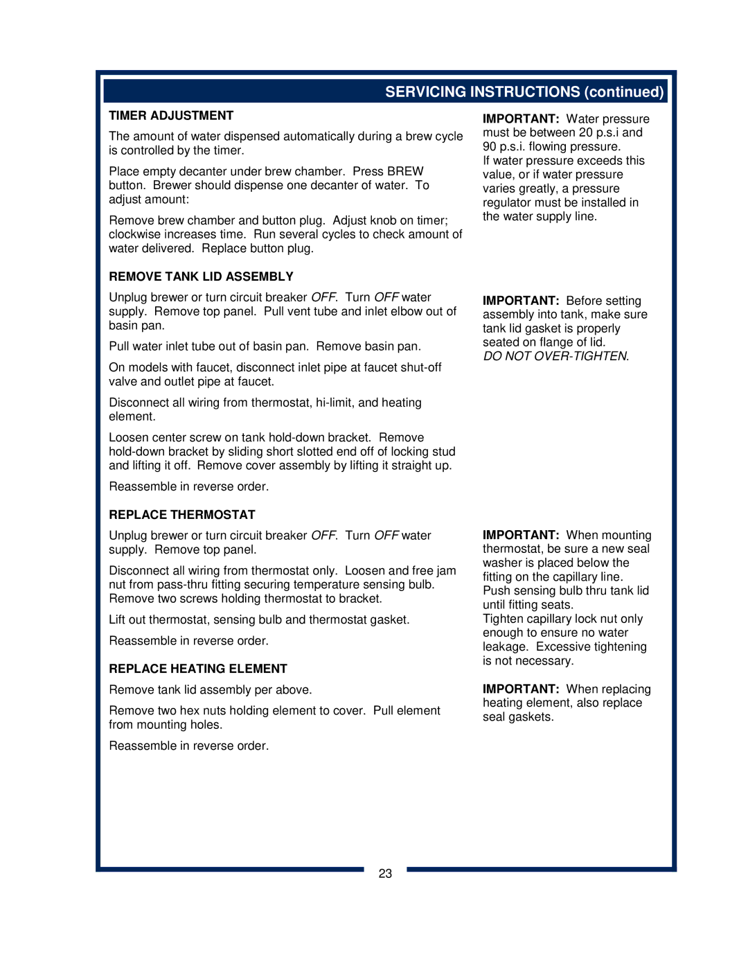 Bloomfield 600 manual Timer Adjustment, Remove Tank LID Assembly, Replace Thermostat, Replace Heating Element 