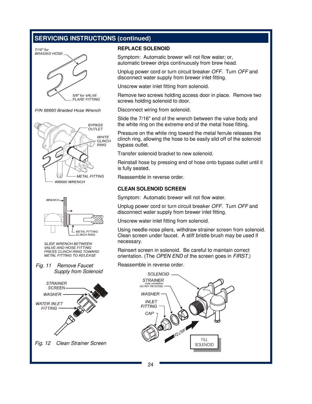 Bloomfield 600 manual Replace Solenoid, Clean Solenoid Screen 